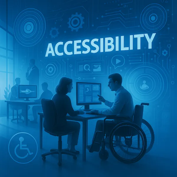 Illustration: a person in a wheelchair and a colleague working together at a computer, with an accessibility symbol and the word Accessibility.