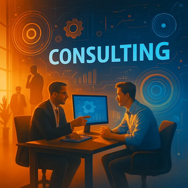 Illustration: a consultant pointing at a monitor while advising a client, under the word Consulting.