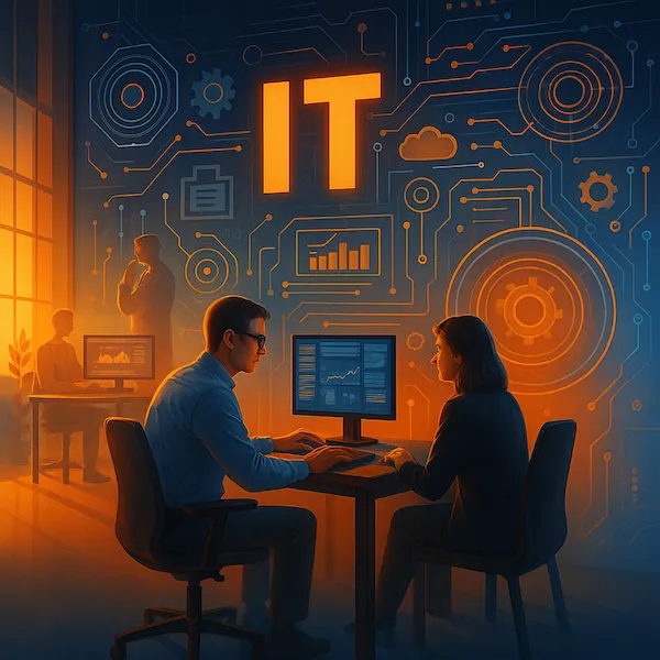 Illustration: two people working at a computer in a tech-filled office, under the letters IT.