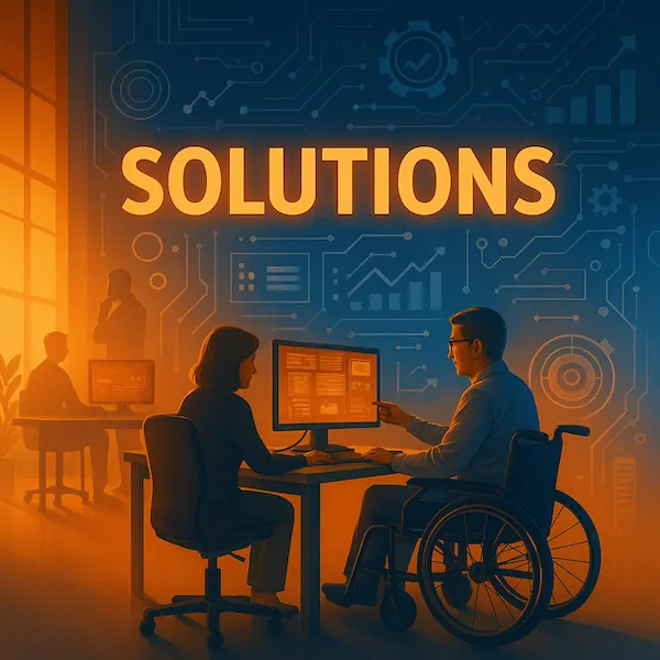 Illustration: two people, one using a wheelchair, reviewing charts on a computer screen, under the word Solutions.