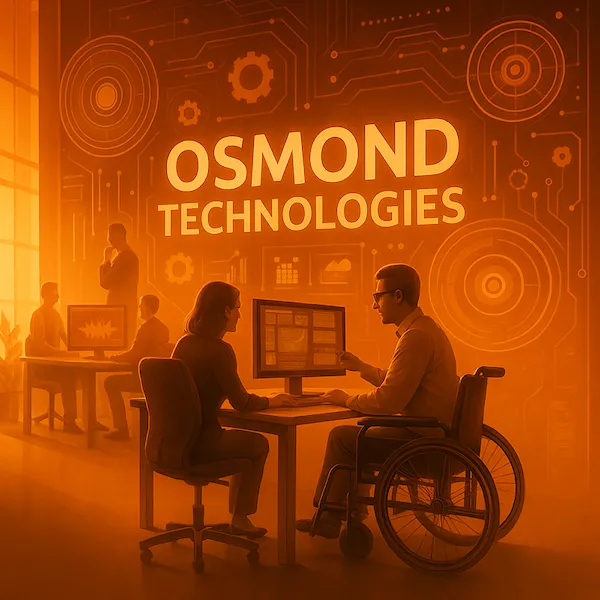 Illustration: two people working side by side at a computer, one using a wheelchair, under the words Osmond Technologies.